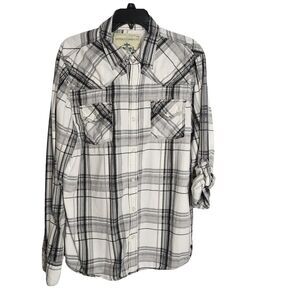 Supply Company USA Mens Shirt Large White Gray Plaid Western Pearl Snap Pockets